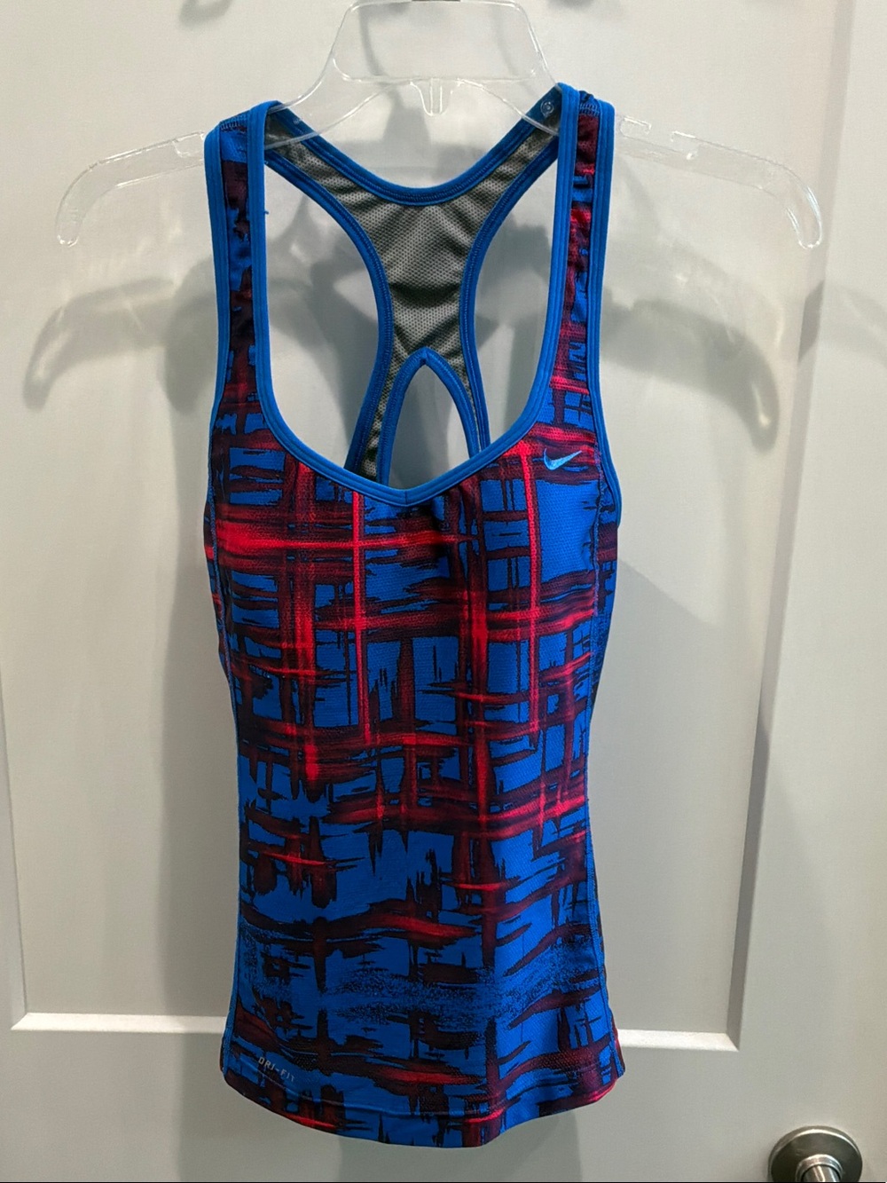 Nike Medium Blue & Red Patterned Racerback Tank Top Stretch Bra Built In Used